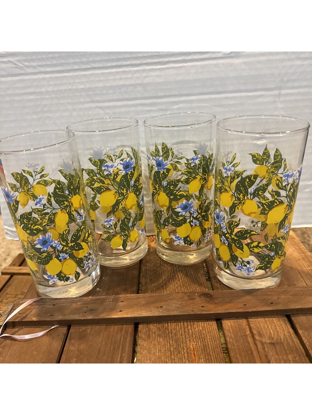 Royal Norfolk Set Of 4 Blue Lemon Floral 16 Oz Tall Iced Tea Drinking Glasses
